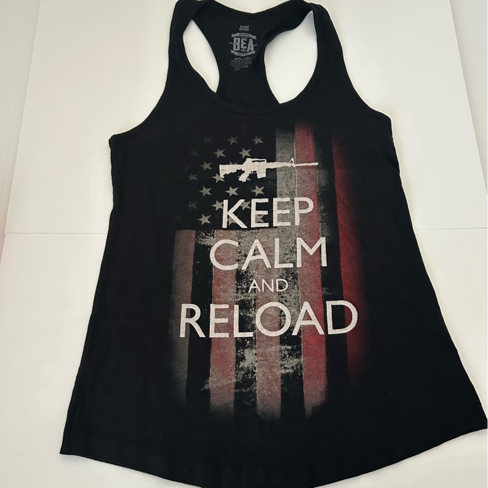 Brothers & Arms Keep Calm and Reload Flag Patriotic Black Graphic Tank Top